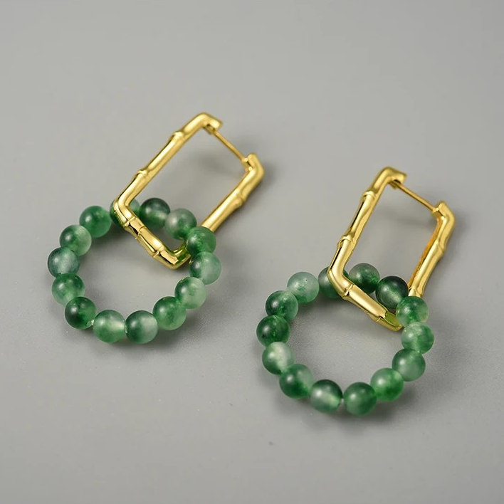 Rectangle Bamboo Hoop Earrings with Agate Circle, 925 Silver, 18K Gold