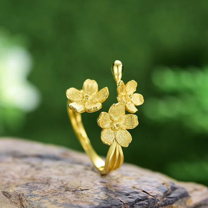 Handmade Forget-me-not ring large, 925 silver, 18K gold