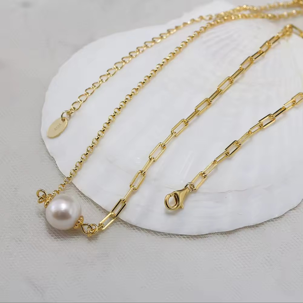 Elegant necklace and bracelet with freshwater pearls, 925 silver, 14K gold