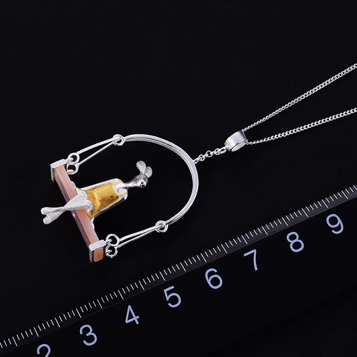 Handmade necklace "Rabbit on swing", 925 silver, shell