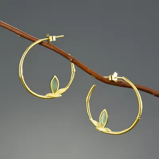 Leaf Hoop Earrings with Natural Aventurine, 925 Silver, 18K Gold