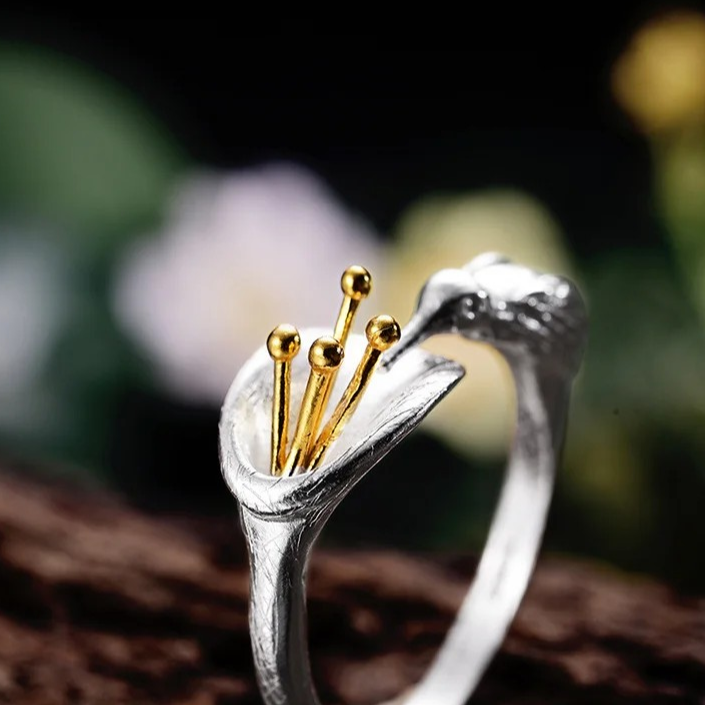 Handmade ring "Hummingbird drinking from the flower" 925 silver, 18K gold