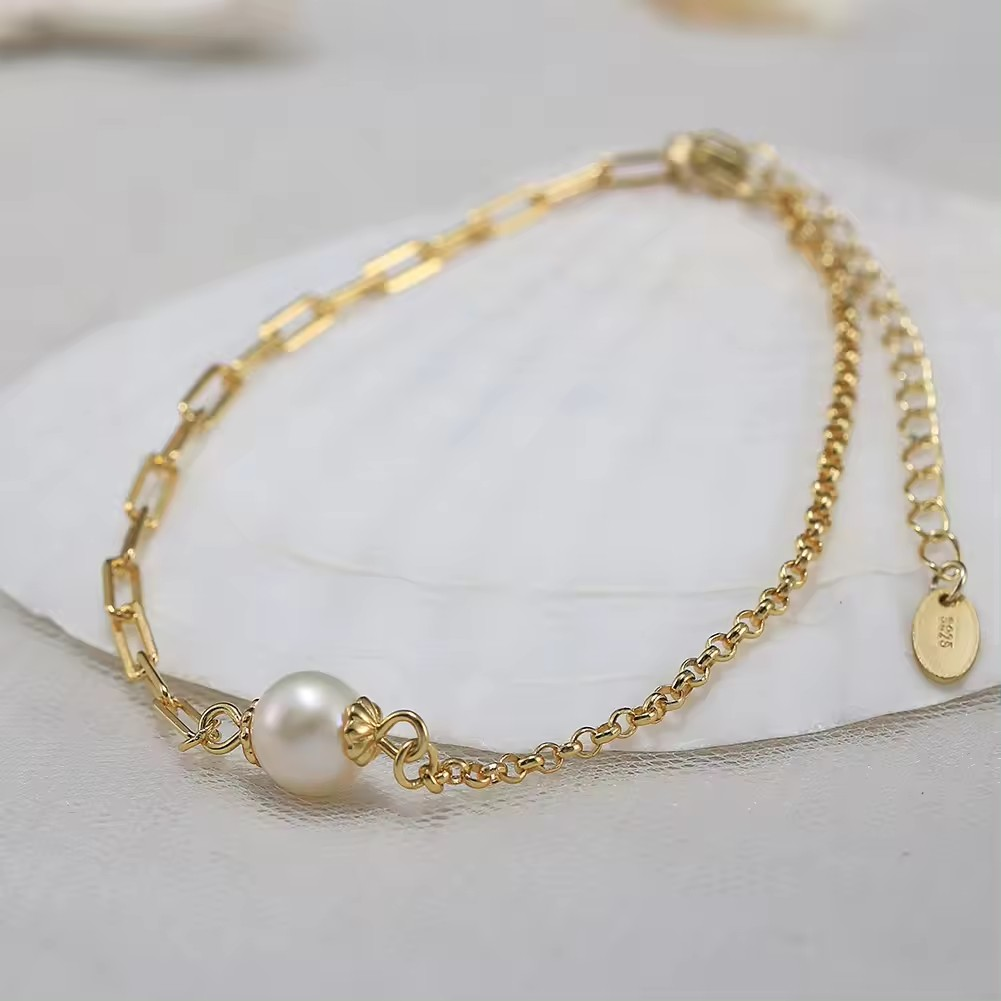 Elegant necklace and bracelet with freshwater pearls, 925 silver, 14K gold