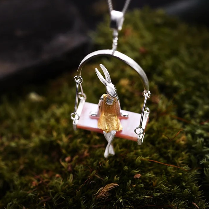 Handmade necklace "Rabbit on swing", 925 silver, shell