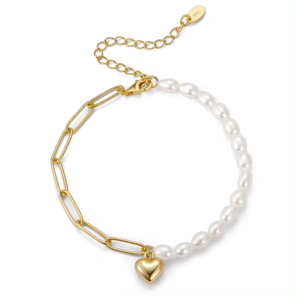 Pearl bracelet and pearl necklace with heart pendant, 925 silver, 14K gold