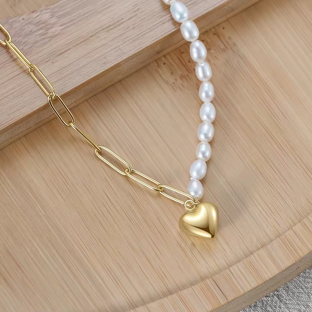 Pearl bracelet and pearl necklace with heart pendant, 925 silver, 14K gold