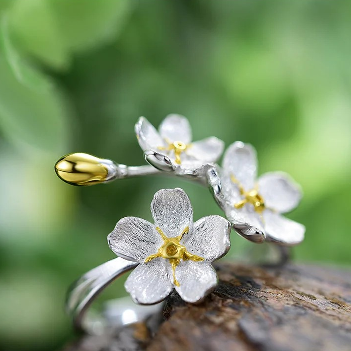 Handmade Forget-me-not ring large, 925 silver, 18K gold