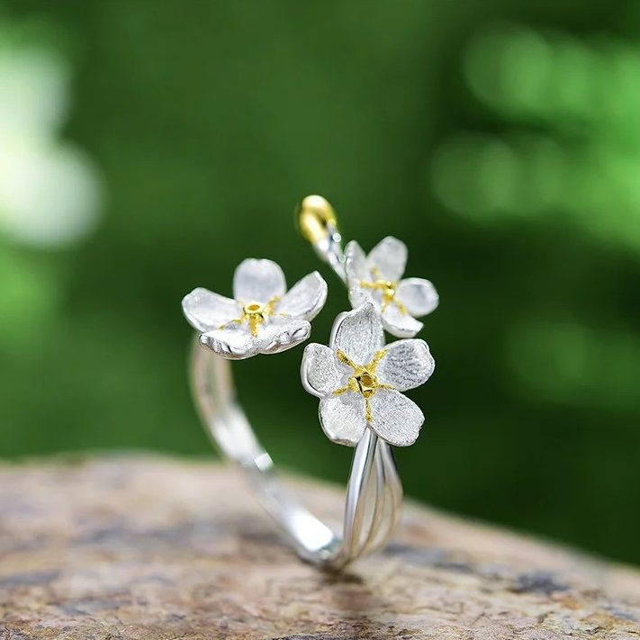 Handmade Forget-me-not ring large, 925 silver, 18K gold