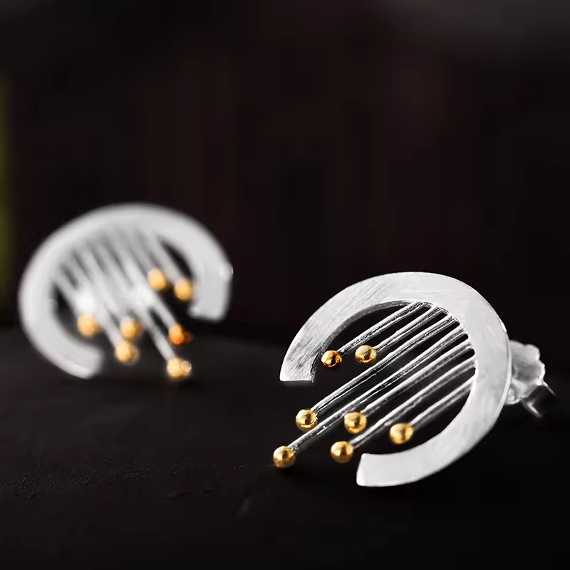 Handmade earrings "Flower Cut", 925 silver, 18K gold