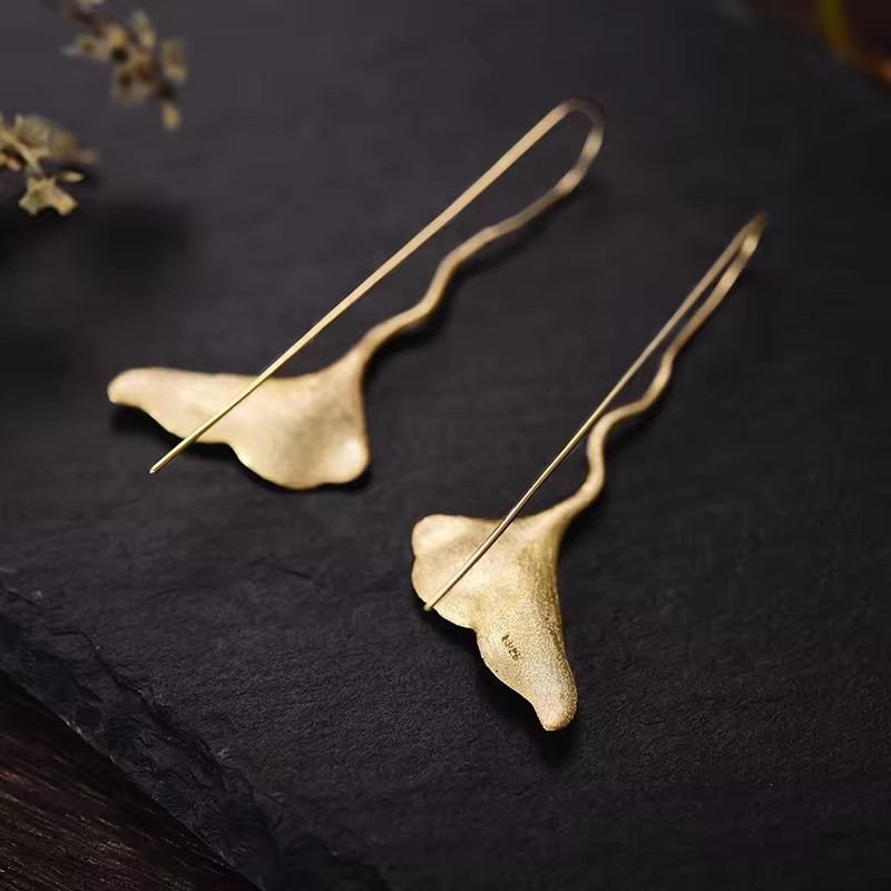 Handmade Ginkgo Leaf Earrings, 925 Silver, 18K Gold