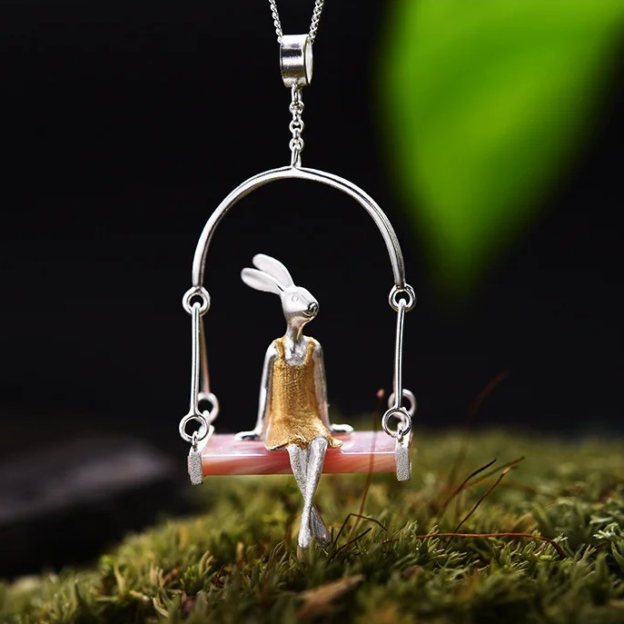 Handmade necklace "Rabbit on swing", 925 silver, shell