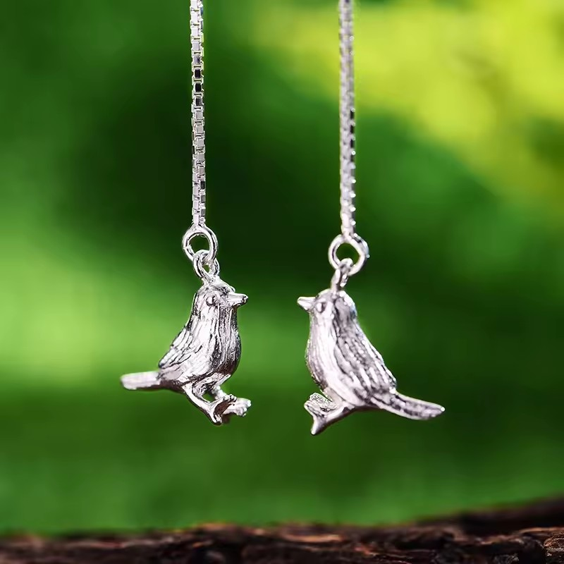 Handmade chain earrings with bird pendant, 925 silver