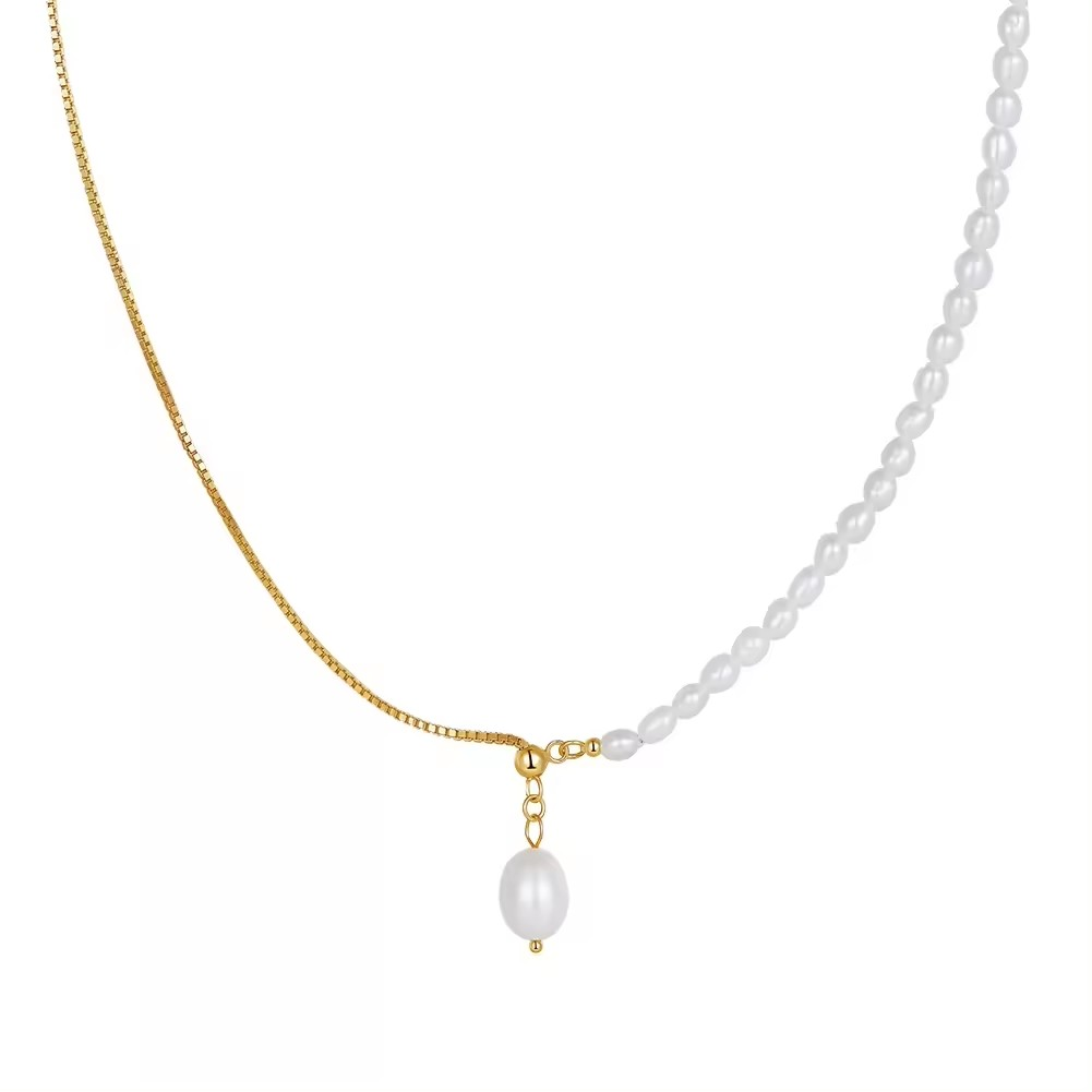 Moderne verstellbare Perlenkette, 925er Silber, 14K Gold