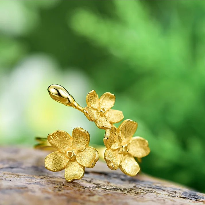 Handmade Forget-me-not ring large, 925 silver, 18K gold