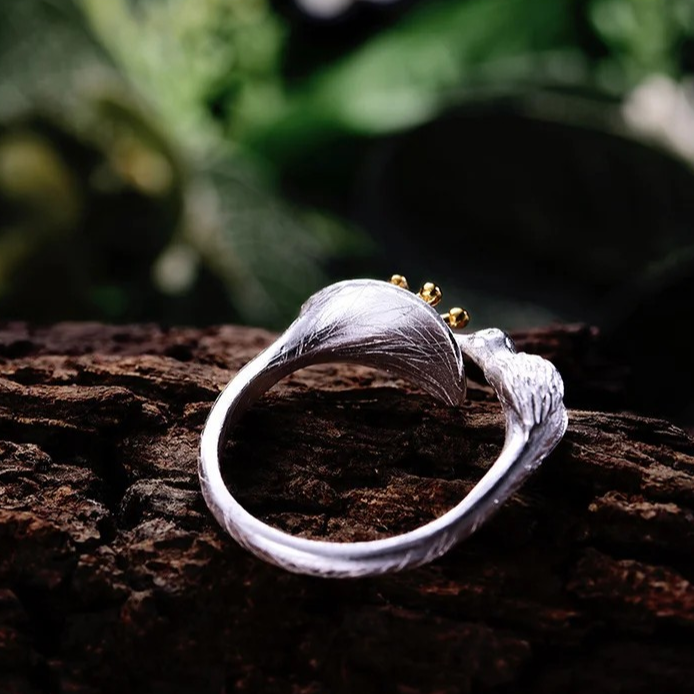 Handmade ring "Hummingbird drinking from the flower" 925 silver, 18K gold