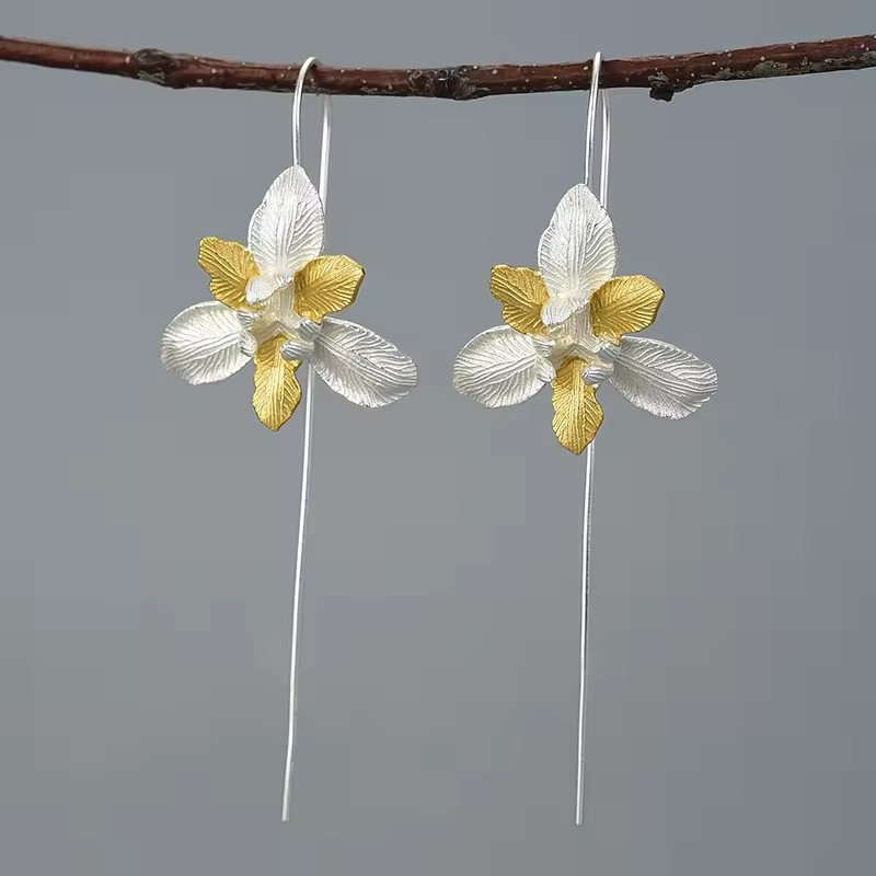 Handmade Iris Flower Earrings, 925 Silver, 18K Gold