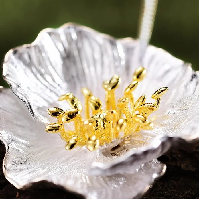 Handgefertigte Halskette mit Mohnblume Anhänger, 925er Silber, 18K Gold