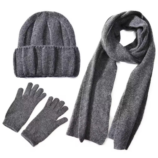 High-quality warm, soft hat, gloves and scarf made of cashmere and merino wool for women, dark grey