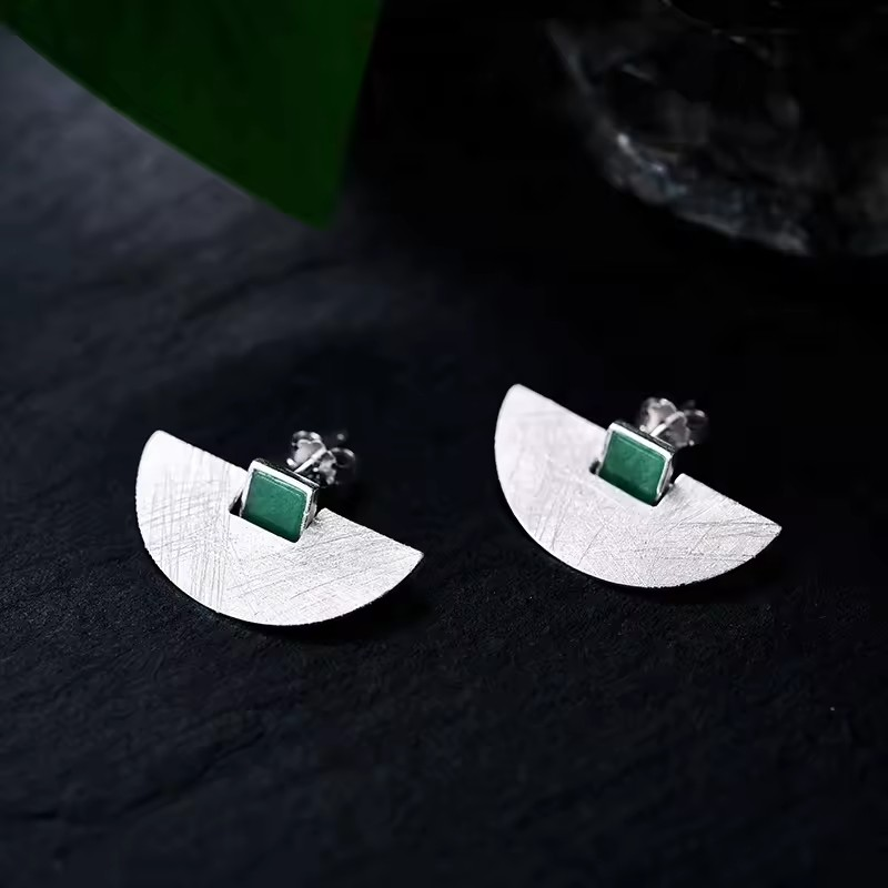 Elegant Large Semicircle Earrings with Shell or Aventurine, 925 Silver, 18K Gold