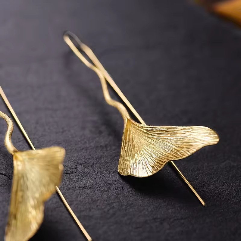 Handmade Ginkgo Leaf Earrings, 925 Silver, 18K Gold