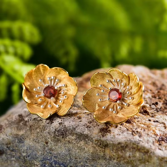 Handmade earrings "Blooming Anemone" with garnet, 925 silver, 18K gold